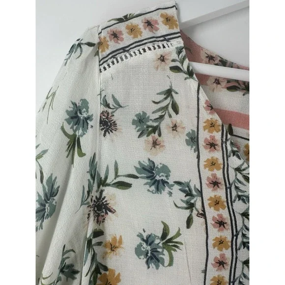 Lucky Brand Womens Floral Print Y2K Boho Peasant Flutter Blouse Size L T1000 - Picture 8 of 16